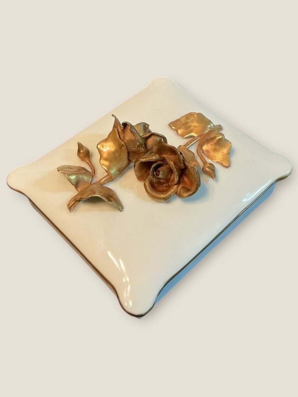 Portuguese Porcelain Trinket Box With Gold Rose Design 4x4.5 Inches Decorative J